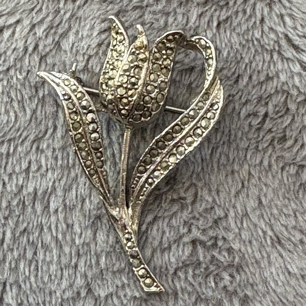 VTG 60s Marcasite Tulip Flower Brooch Silver Tone Rhinestone Floral Romantic